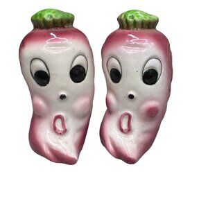 Vintage Anthropomorphic Radish Carrot Salt & Pepper Shakers Ceramic Pink Green